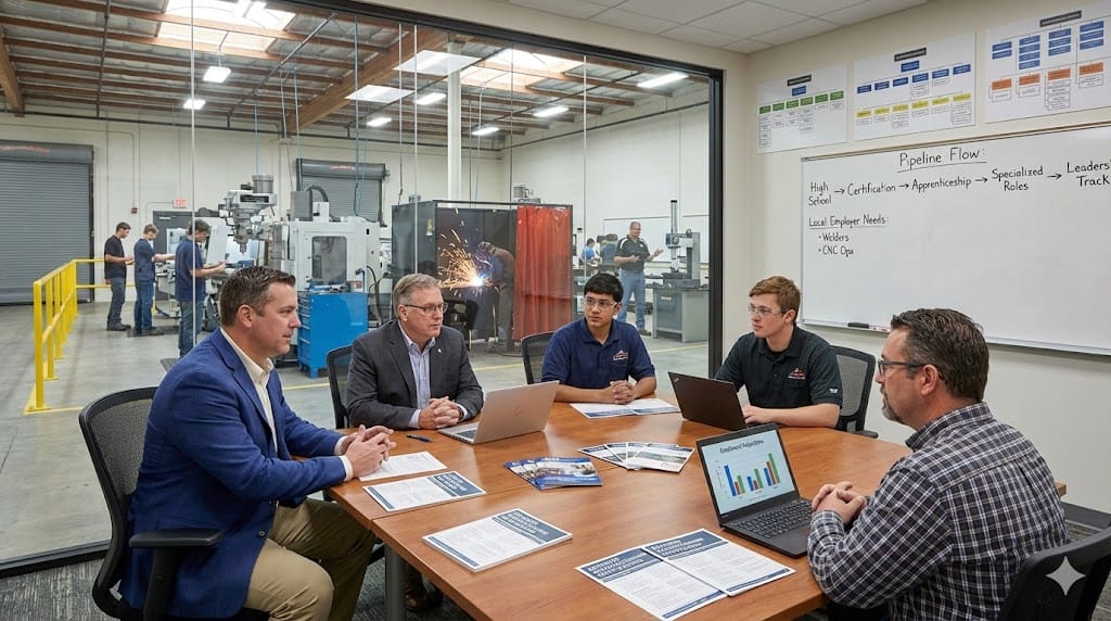 Manufacturing HR leader meeting with community college instructors and apprentices in training facility—discussing specialized welding and CNC machining certification programs feeding qualified talent into advanced materials production roles .
