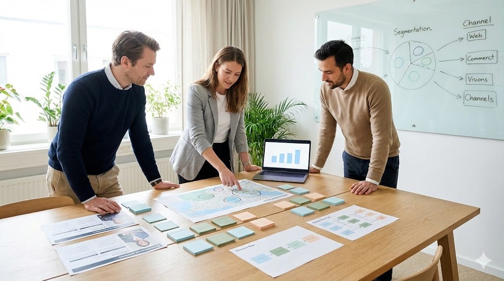 Marketing and sales leaders collaborating around a table covered with customer personas, retail channel maps, and segmentation charts in a bright strategy workshop space.