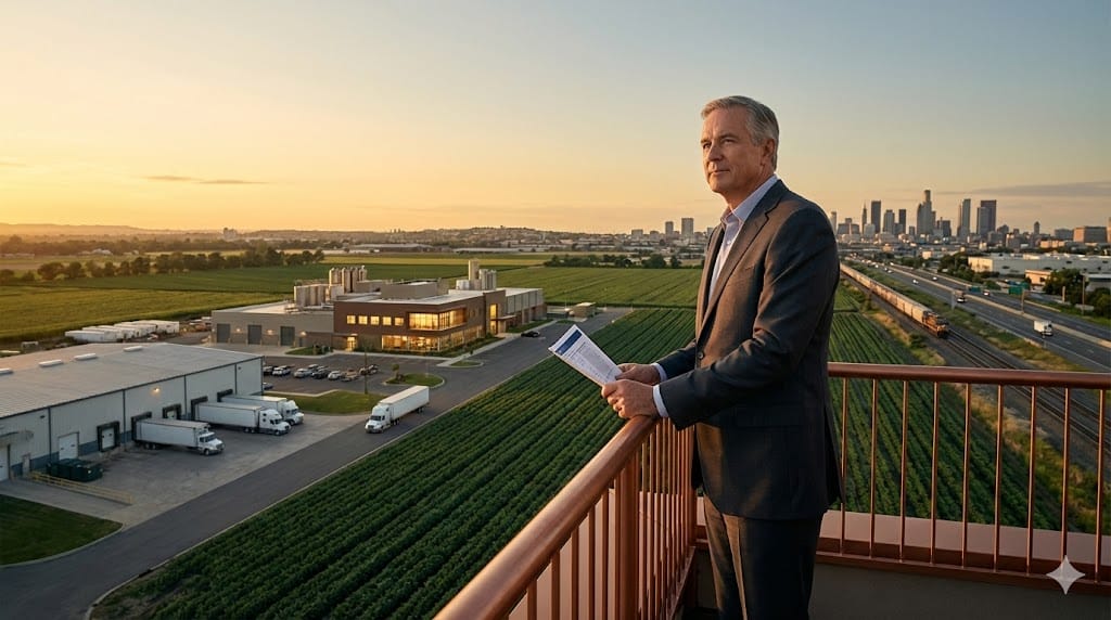 Senior food industry executive overlooking an interconnected food ecosystem including farmland, processing facility, logistics trucks, and retail distribution at sunset.