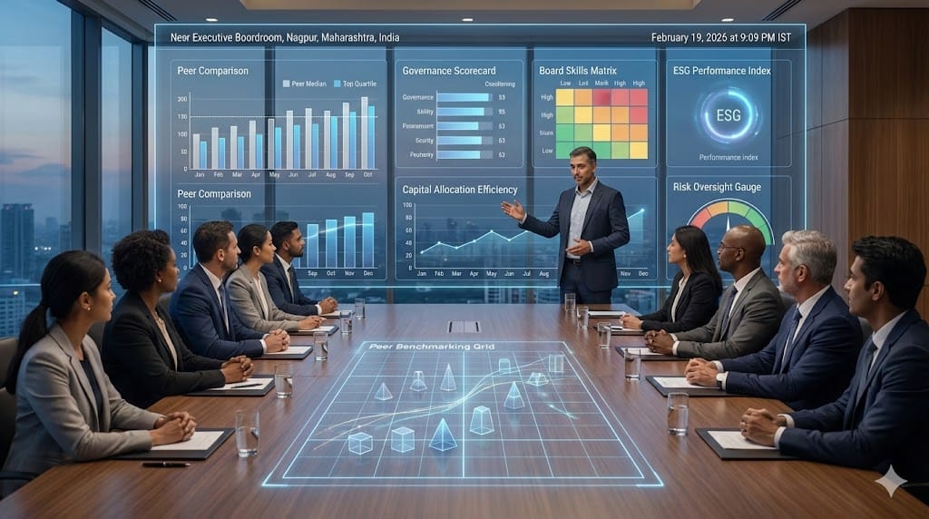 Corporate board reviewing performance benchmarks with animated peer comparison dashboards and governance metrics in a modern boardroom.