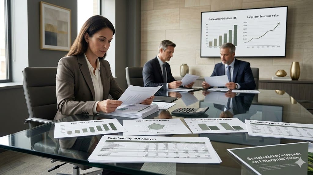 Chief Sustainability Officer presenting ESG performance metrics and enterprise value impact analysis to financial stakeholders in a modern meeting room.