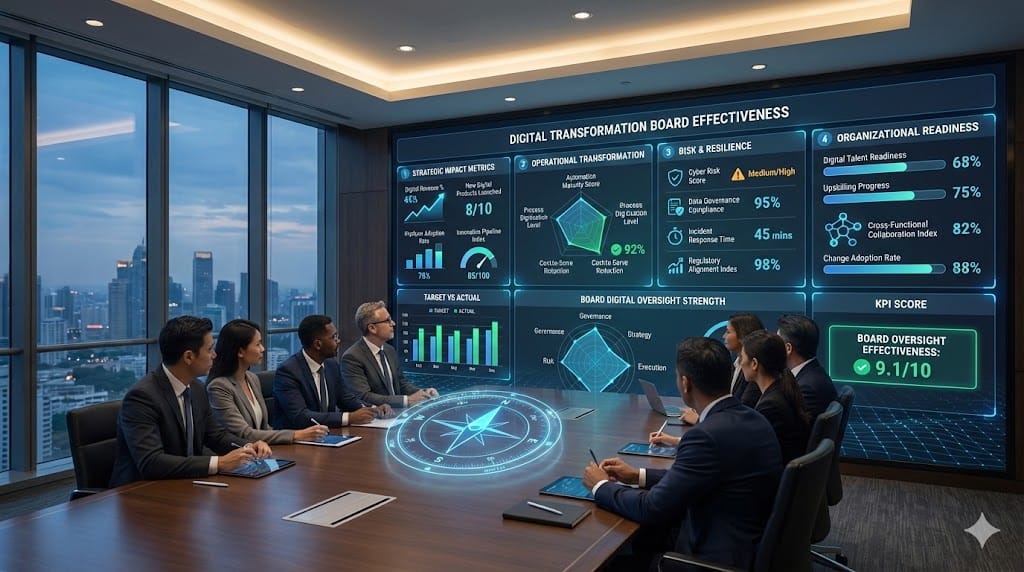 Corporate board reviewing digital transformation performance dashboard showing KPIs, innovation metrics, cybersecurity indicators, and transformation progress charts on a large digital screen.