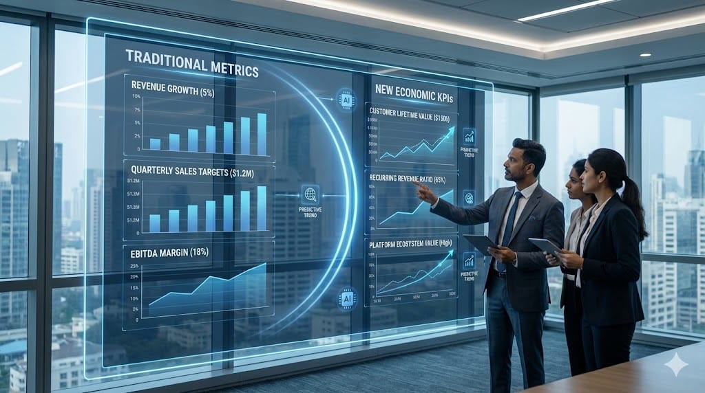 Executive reviewing next-generation economic KPIs and performance dashboards reflecting a strategic business model shift.