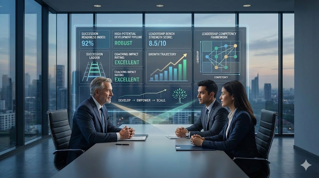 Senior executive mentoring emerging leaders in a modern corporate setting, with leadership development metrics and succession planning dashboards displayed in the background.