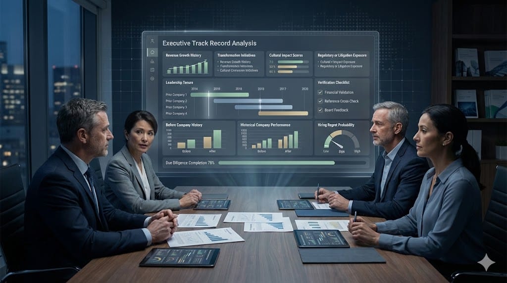 Board-level executive review meeting analyzing leadership track record data with animated due diligence indicators to prevent hiring regret.