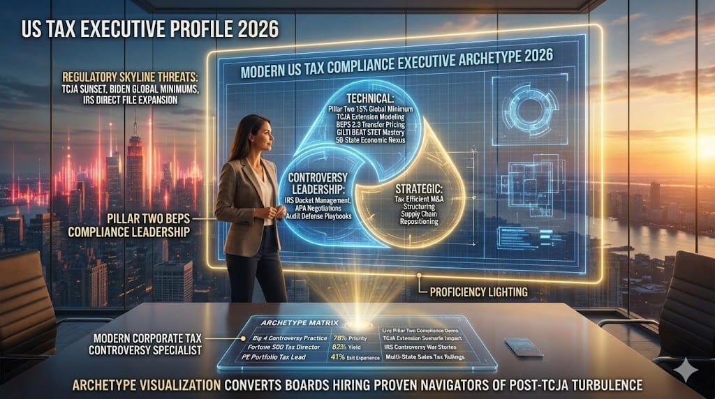 Blueprint of elite US tax compliance executive mastering 2026 regulatory complexity—Pillar Two BEPS TCJA uncertainty IRS controversy Big 4 transfer pricing state nexus expertise transforming compliance into strategic advantage.