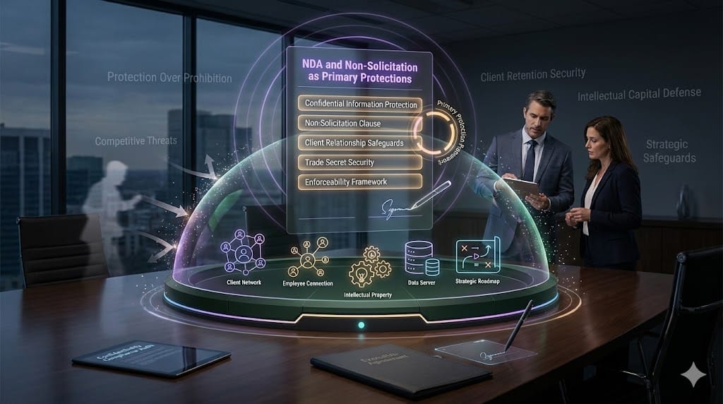Corporate legal team reviewing NDA and non-solicitation agreement protections with animated data security shield and contract safeguard visualization.