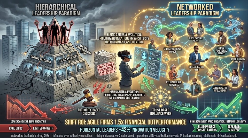 Networked leadership replacing hierarchical authority—diverse executives building influence through collaboration webs vs traditional pyramid structures, hiring for relationship capital 2026 "From Hierarchical to Networked Leadership: Hiring for Influence Over Authority