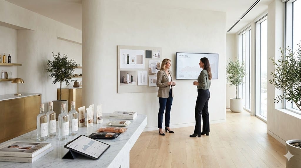 Modern executive reviewing premium brand strategy inside a luxury product showroom, reflecting leadership evolution in a premiumization-driven market.