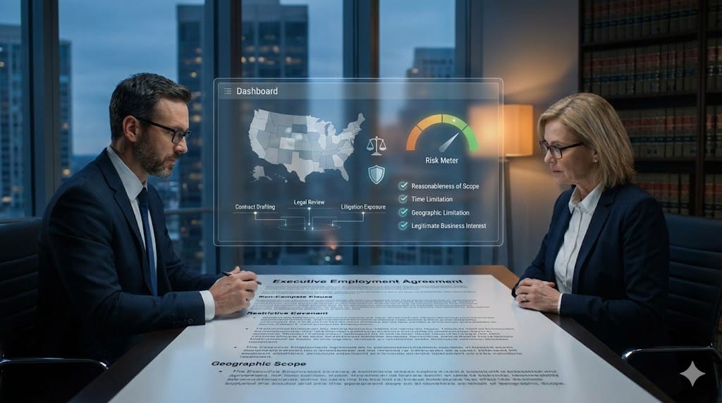 Corporate legal team reviewing non-compete and restrictive covenant clauses with animated enforceability risk indicators and compliance dashboard.