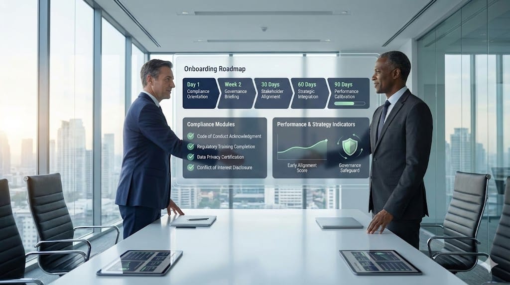 Executive onboarding meeting with animated compliance dashboard tracking integration milestones, governance checkpoints, and post-hiring performance metrics.