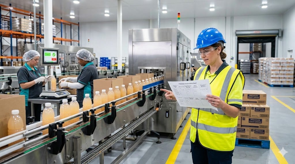 Operations leader reviewing production efficiency and quality checks on an active manufacturing floor, illustrating supply chain optimization and margin expansion.
