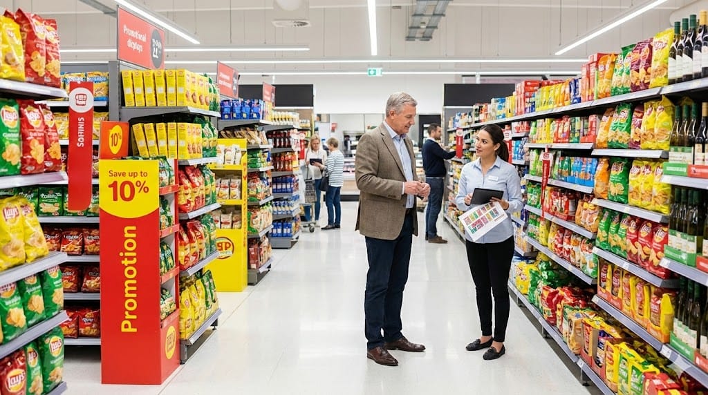 Food brand executive reviewing product placement strategy inside a modern supermarket aisle while coordinating retail expansion with merchandising team.