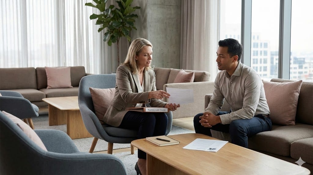 Executive search consultant presenting a curated shortlist of niche regulatory candidates to a food and beverage company leader in a modern, softly lit office lounge setting.