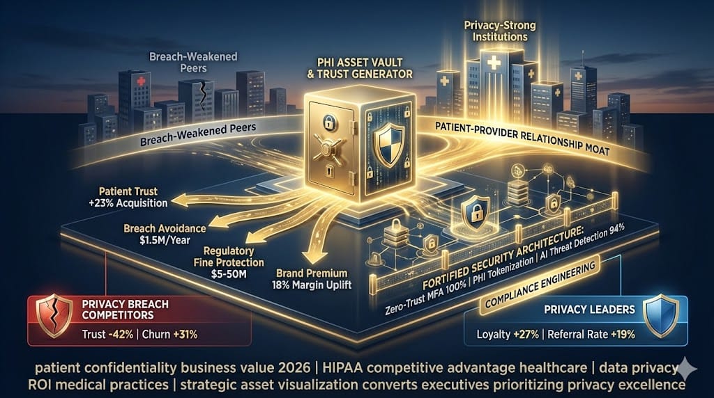 Healthcare organization positioning patient confidentiality as strategic business asset—HIPAA-compliant data security driving 23% patient trust premium, $1.5M annual breach avoidance, competitive differentiation through privacy excellence 2026 "Patient Confidentiality as a Strategic Business Asset".