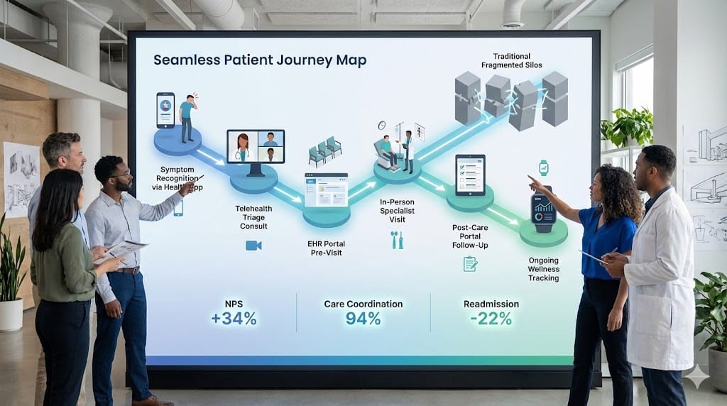  Comprehensive patient journey map integrating digital and physical touchpoints—seamless flow from app appointment booking telehealth consults EHR access through in-person visits follow-up care coordination optimizing satisfaction outcomes across hybrid care delivery.