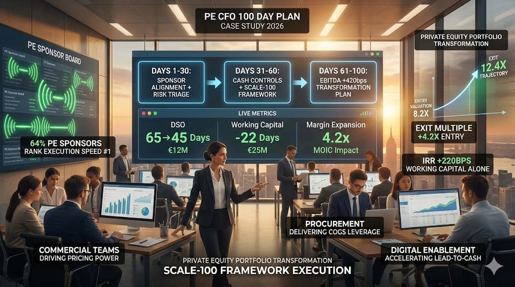 Real-world PE portfolio CFO 100-day playbook execution—working capital optimization €25M unlocked, clean audit readiness, value creation plan alignment driving exit multiple expansion from 8.2x entry to 12.4x exit.
