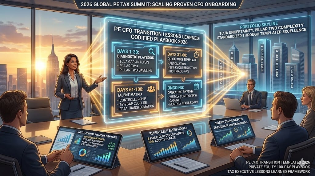 Modern tax executive distilling PE CFO transition lessons—100-day playbook templates capturing quick wins talent upgrades operating rhythms for repeatable 2026 value creation across portfolio companies "Lessons Learned and Templates for Future PE CFO Transitions".