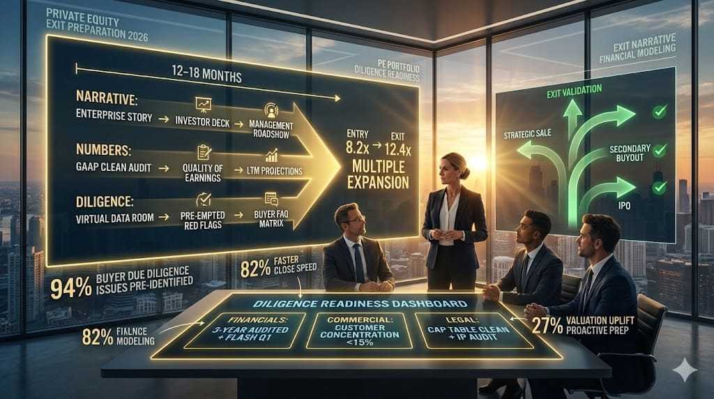  Finance leader executing PE exit playbook—S-1 quality financial reporting 100-day diligence readiness compelling enterprise story driving 12.4x exit multiples through proactive buyer concern mitigation