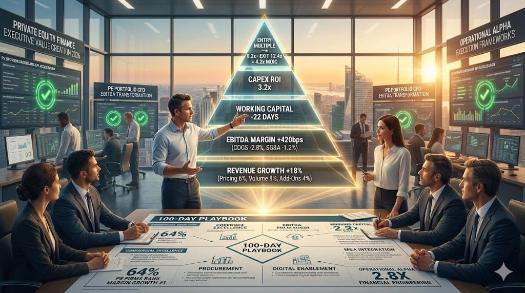 PE-backed CFO executing 100-day value creation plan—revenue growth levers EBITDA margin expansion working capital optimization delivering 4.2x MOIC for limited partners through operational transformation.