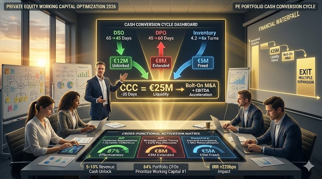 Finance executive activating working capital levers in PE portfolio company—AR optimization AP strategic extension inventory rationalization delivering 5-10% revenue liquidity boost through cross-functional cash conversion cycle compression.