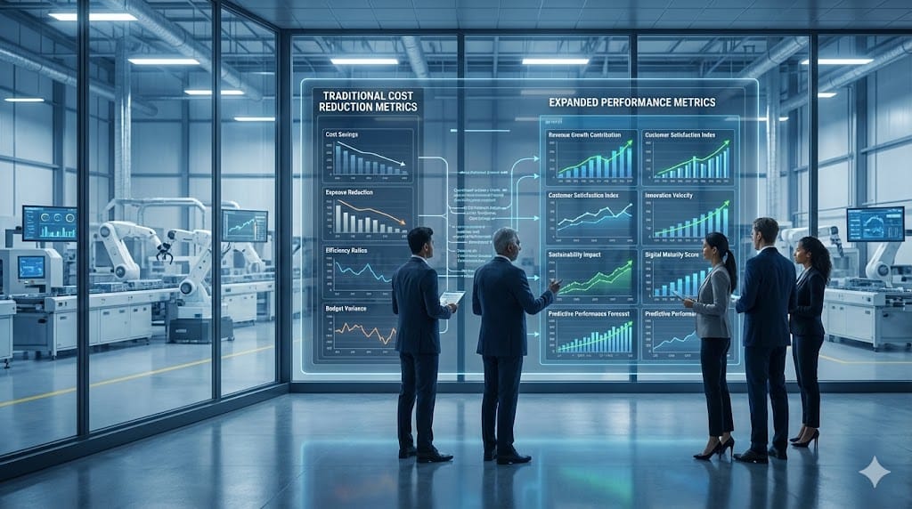 Executive reviewing advanced performance metrics beyond cost reduction with innovation, growth, and value creation dashboards.