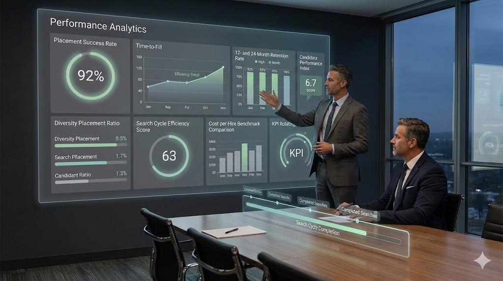 Executive team reviewing animated search performance dashboards showing placement success rates, retention metrics, and benchmarking outcomes.
