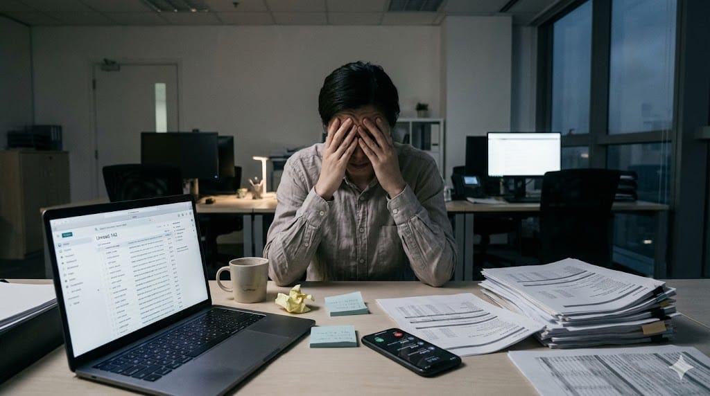 Exhausted professional sitting alone at a cluttered desk late at night under harsh office lighting, illustrating the pervasive culture of burnout in modern workplaces.