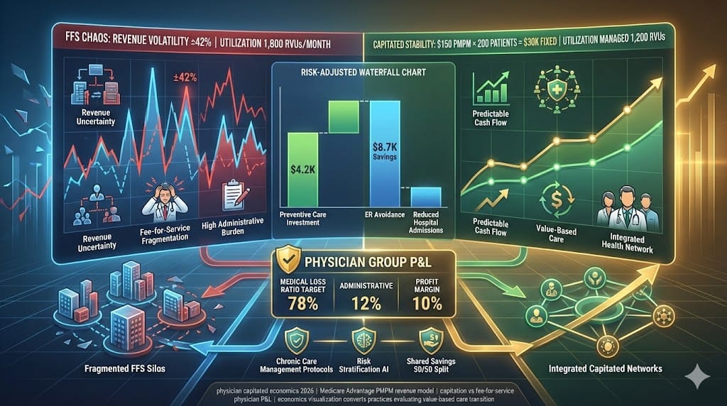 Primary care physician analyzing capitated economics dashboard—$150 PMPM fixed revenue for 200 Medicare Advantage patients vs FFS volume risks, 28% lower utilization through preventive protocols maintaining 3.2x medical loss ratio "Physician Economics in Capitated Environments".