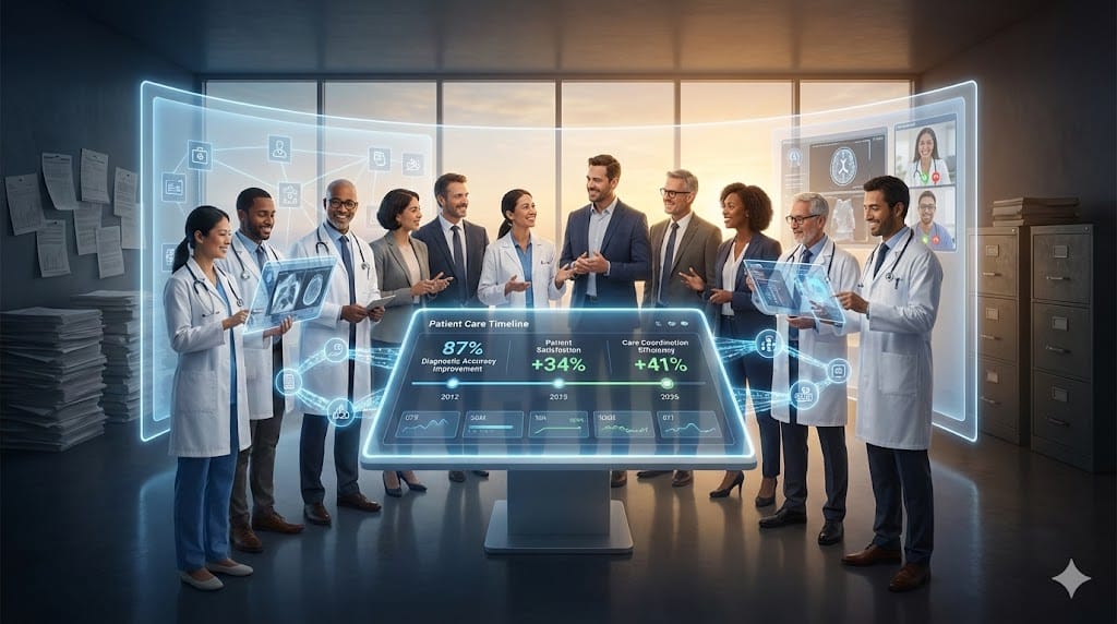 Physicians uniting with health system leaders in digital transformation—collaborative teams embracing AI diagnostics telehealth platforms EHR interoperability driving value-based care outcomes beyond traditional resistance.