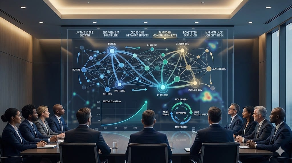 Corporate board reviewing platform economics strategy with network effect growth visualization, interconnected user nodes, and marketplace ecosystem metrics on a digital dashboard.