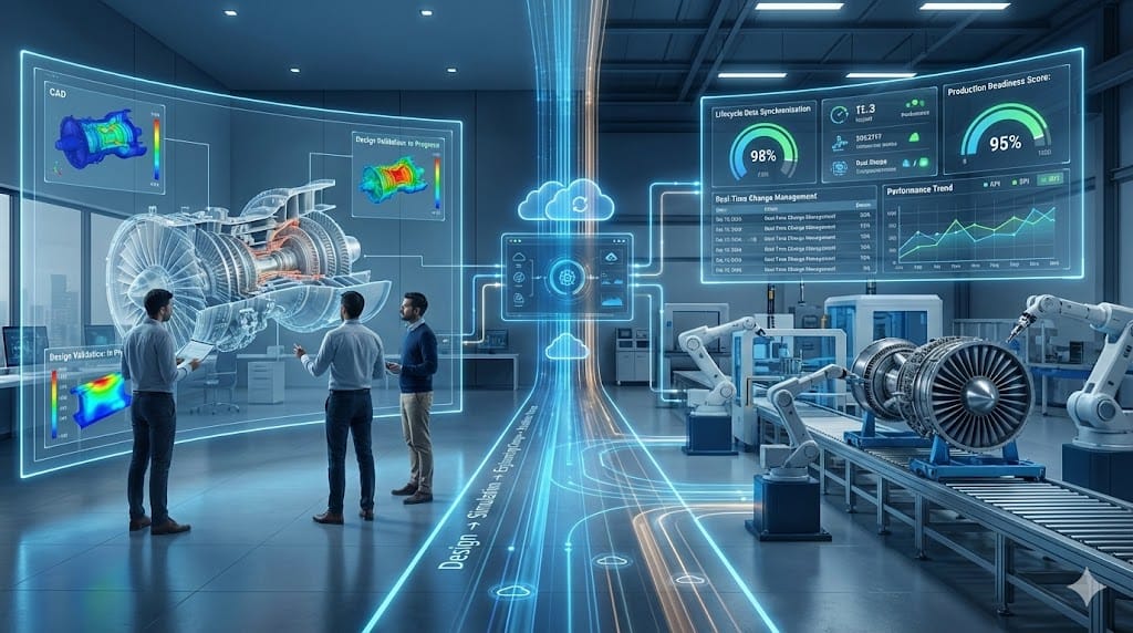 Product lifecycle management integration connecting design, engineering, and manufacturing through digital thread and smart factory systems.