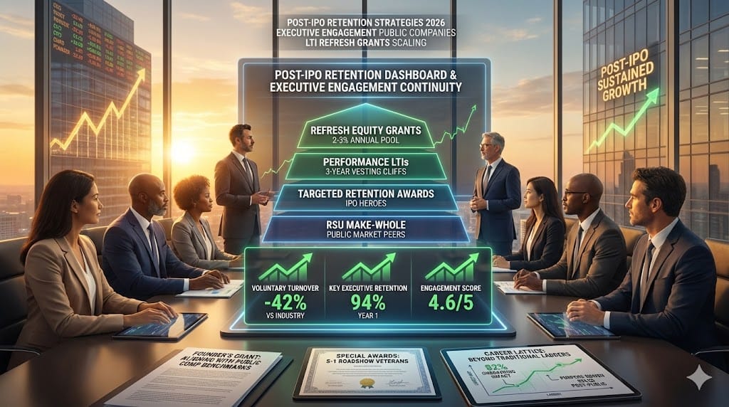 Post-IPO executives reviewing retention dashboard with refresh equity grants, performance LTIs, and engagement metrics—sustaining leadership continuity through targeted incentives and career pathing for public company scaling 2026 "Post-Listing Retention Strategies: Sustaining Engagement".