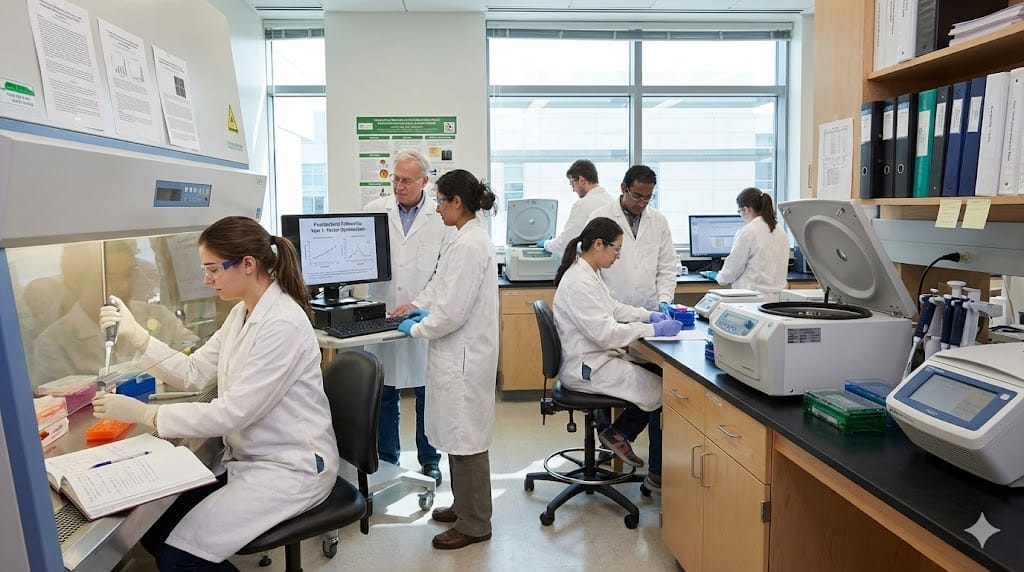Early-career biotech researchers thriving in industry postdoctoral fellowship programs—postdocs working alongside mentors in state-of-the-art laboratories gaining hands-on gene therapy precision medicine experience through structured two-year rotations building executive talent pipelines.