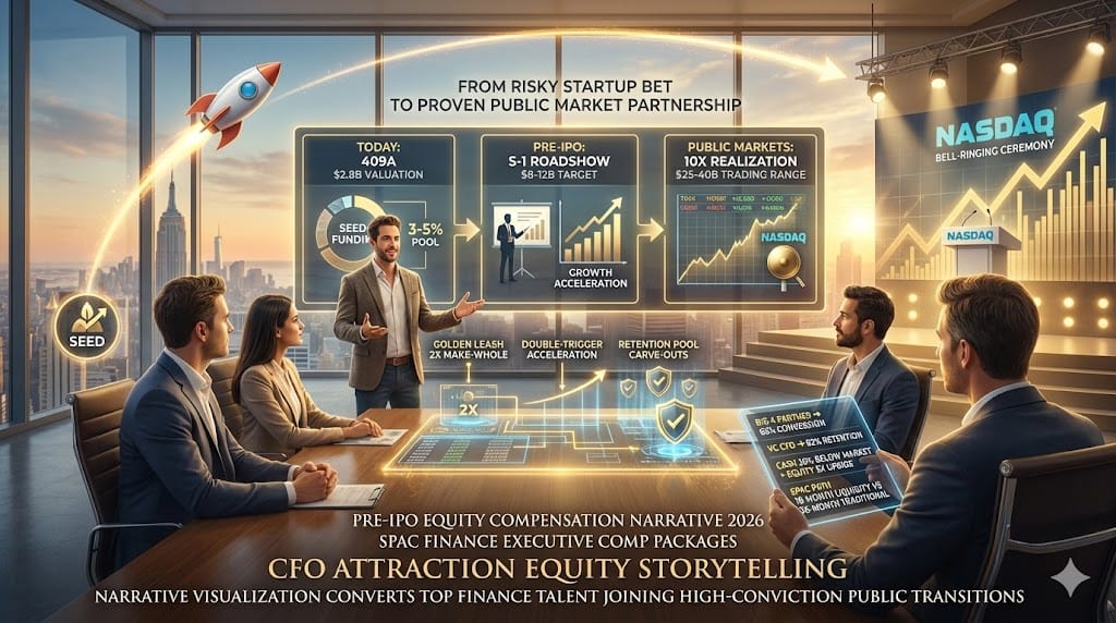  Finance executive reviewing compelling pre-IPO equity compensation narrative—cap table projection showing 10x value creation from Series C to public markets, SPAC acceleration timeline with golden leash protections attracting top CFO talent 2026 "Crafting a Compelling Compensation and Equity Narrative".