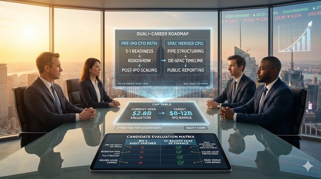 Dynamic finance executives joining pre-IPO unicorn reviewing equity packages and SPAC merger roadmaps—CFO candidates analyzing cap tables financial modeling for 2026 public market readiness "Attracting Top Finance Talent for Pre-IPO and SPAC-Ready Companies".