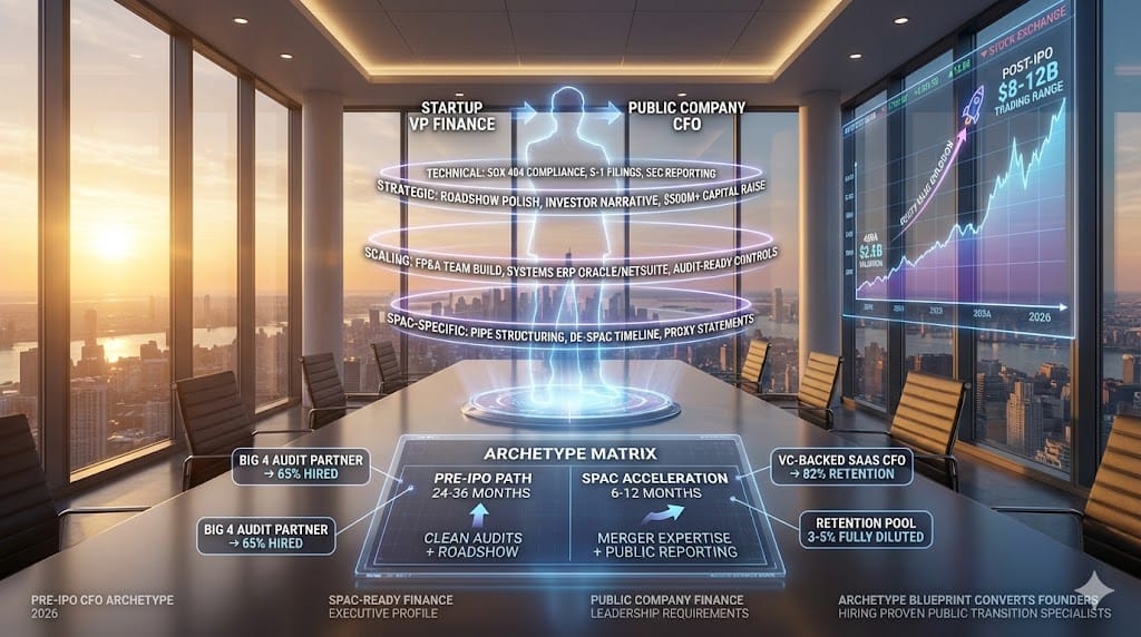 Pre-IPO SPAC-ready finance executive archetype blueprint—CFO with public company SOX compliance S-1 roadshow experience scaling FP&A teams for 2026 unicorn public market transition "Defining the Pre-IPO / SPAC-Ready Finance Archetype".