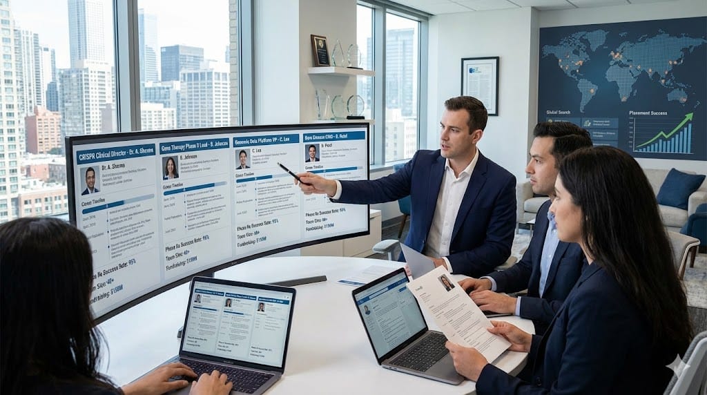 Executive recruiters strategically sourcing specialized talent for precision medicine and gene therapy companies—identifying leaders with genomic expertise clinical trial success regulatory mastery from competitive global talent pools.