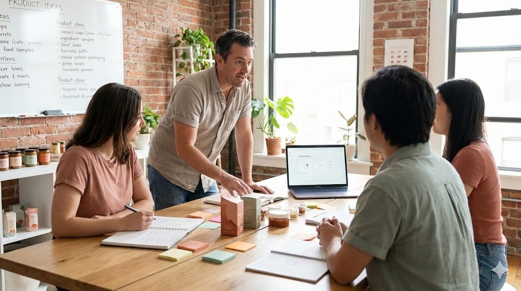 Food brand founder leading a small team discussion in a creative product development studio filled with packaging prototypes and brainstorming notes.