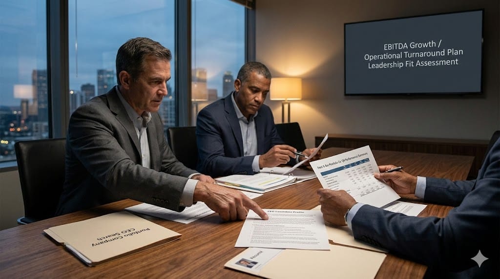 Private equity partners reviewing CEO candidate profiles and portfolio performance reports in a focused investment committee meeting.
