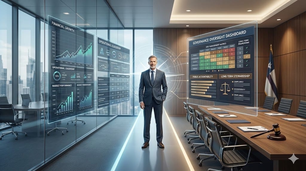 Senior executive transitioning from private corporate leadership to public board service, standing between a modern corporate office and a formal public governance boardroom.