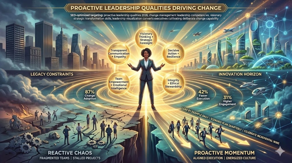 Confident diverse leader guiding team through organizational change journey—visionary strategist communicating clear transformation roadmap, fostering resilience and collaboration for superior change management outcomes
