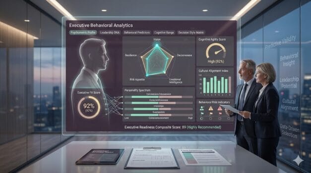 Executive search team analyzing psychometric assessment data with animated personality metrics, leadership trait radar charts, and behavioral analytics dashboard.