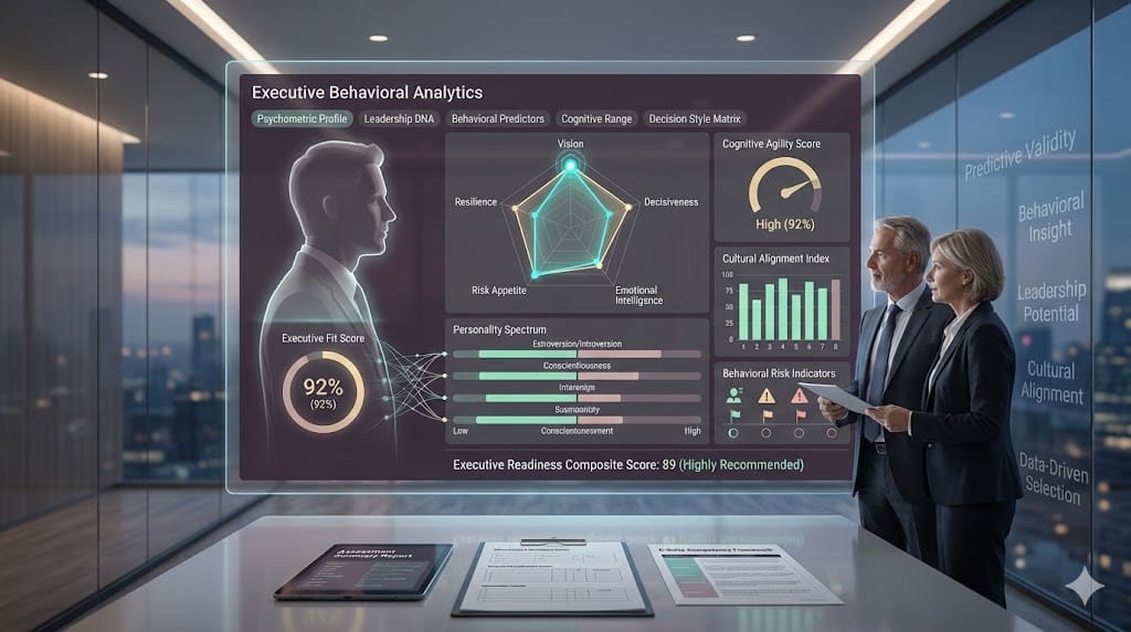 Executive search team analyzing psychometric assessment data with animated personality metrics, leadership trait radar charts, and behavioral analytics dashboard.