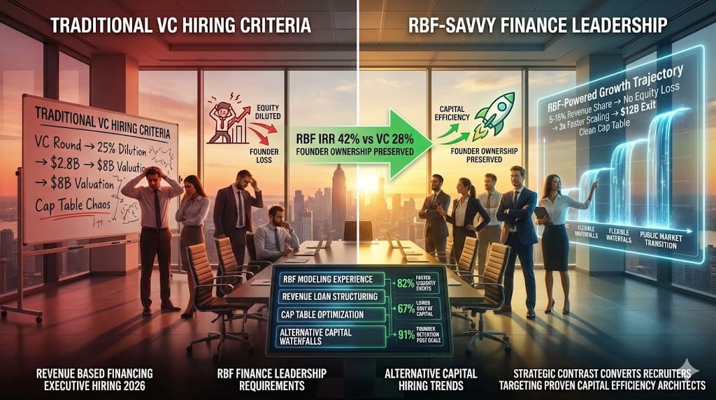 C-suite evaluating finance executives with revenue-based financing RBF expertise—non-dilutive capital models 5-15% revenue share replacing VC equity showing 3x faster growth without dilution for hypergrowth companies 2026 "Why Revenue-Based Financing and Alternative Capital Now Matter in Executive Hiring".