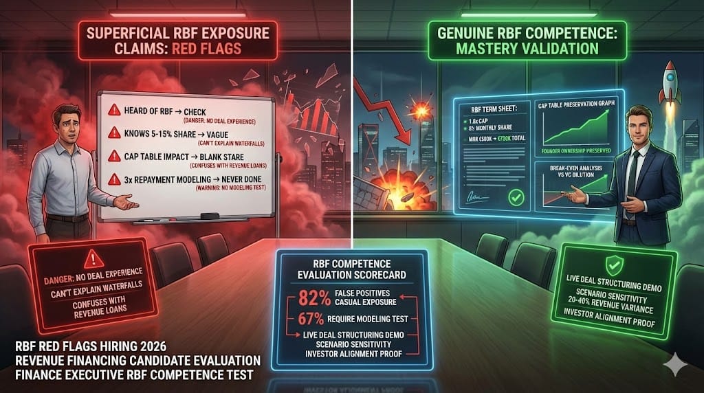 Hiring manager spotting red flags in finance candidate claiming RBF experience—warning signs like vague terminology, no cap table modeling, inability to explain 5-15% revenue share mechanics vs true competence 2026 "Red Flags: When 'Exposure' to RBF Doesn't Equal Competence".