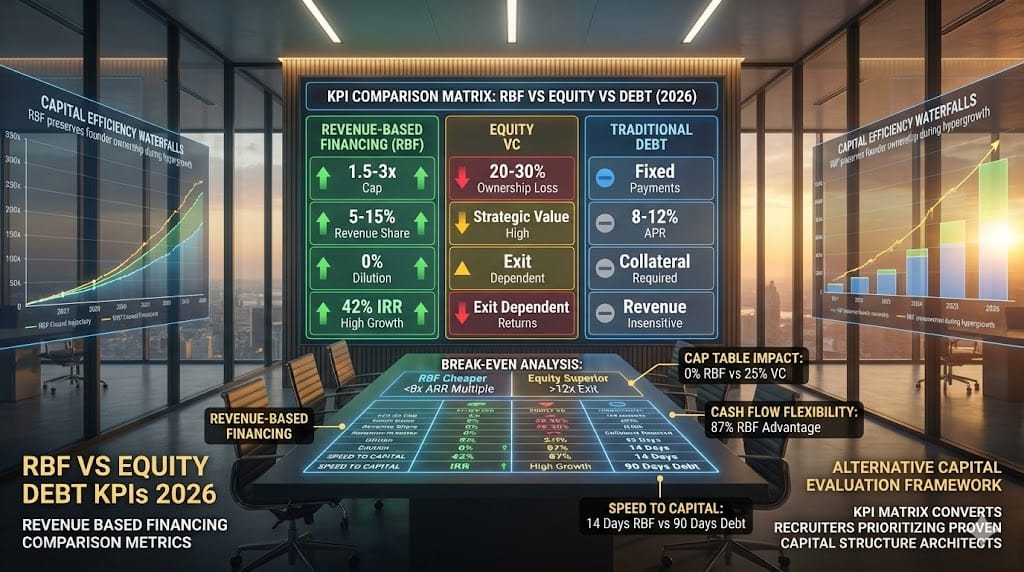Executive evaluating finance candidate through RBF vs equity debt KPI comparison—revenue-based financing 1.5-3x cap no dilution vs VC 20-30% ownership loss vs traditional debt fixed payments showing capital efficiency metrics 2026 "Key Metrics and KPIs: Evaluating RBF vs. Equity or Debt".