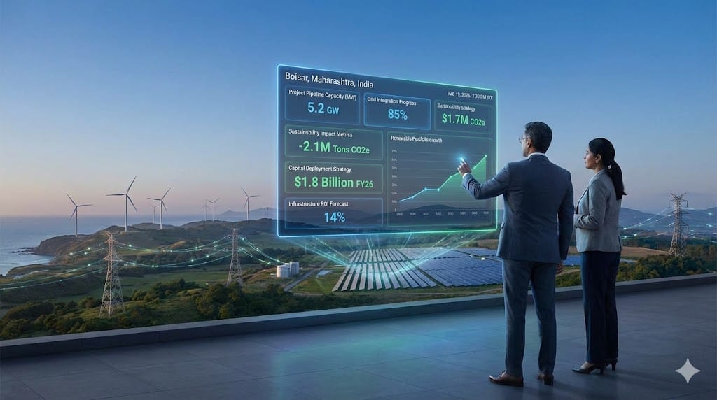 Executive search discussion for renewable energy infrastructure leadership with wind turbines and solar farms in the background.