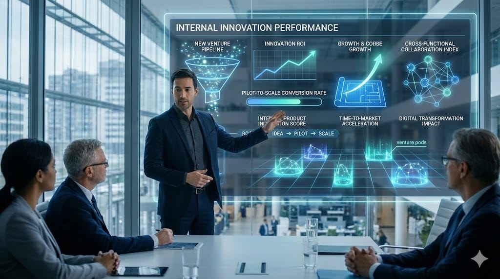 Corporate board evaluating an intrapreneurial executive candidate with innovation dashboards, product prototypes, and internal venture metrics displayed in a modern office setting.