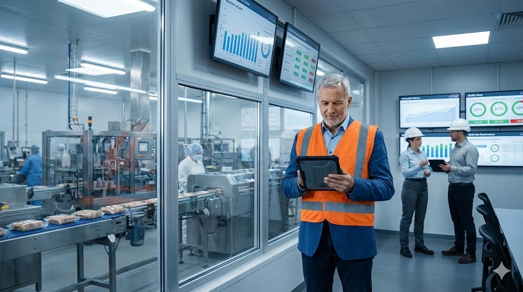 Senior operations executive reviewing production performance dashboards inside a modern multi-site food manufacturing control room overlooking active production lines.